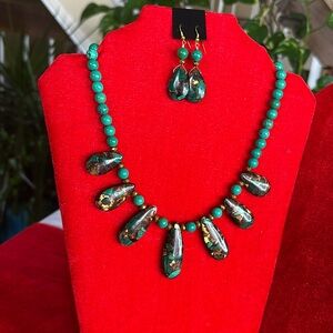 2Pc Set Turquoise, Imperial Jasper & Hematite Necklace & Earrings.